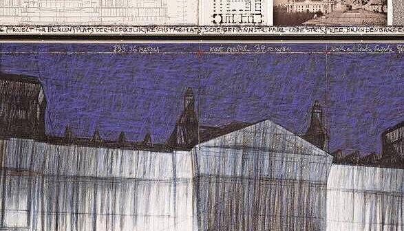 &bdquo;Wrapped Reichstag&ldquo;, Projekt f&uuml;r Berlin, 1993, zweiteilige Zeichnung.