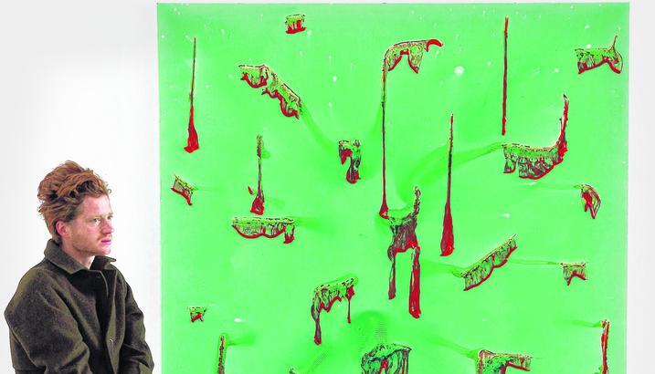 Als ob rote Stofffetzen an &Auml;sten aus dem Bild herausragten: Sebastian Dacey, Brite ohne feste Wurzeln und mit Wohnsitz in Berlin, hat ein Gesp&uuml;r f&uuml;r Oberfl&auml;chen und stellt im Kunstverein Heilbronn in der Kunsthalle Vogelmann aus.
Foto: Andreas Veigel