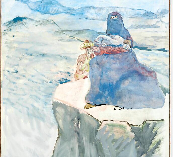 Siegfried Anzinger: Flucht im Gebirge (2018), Leimfarbe auf Leinwand, 130 auf 115 Zentimeter