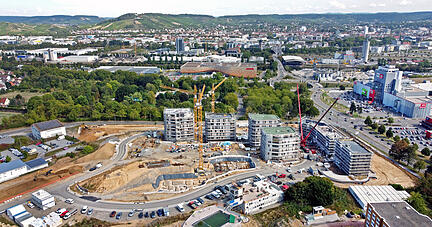 Blick aus der Vogelperspektive auf die Großbaustelle Hochgelegen der Stadtsiedlung Heilbronn.