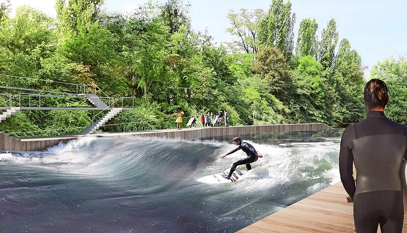 So soll die Surferwelle am Neckar bei Stuttgart-Untertürkheim einmal aussehen.
Darstellung: Neckarwelle e.V. So soll die Surferwelle am Neckar bei Stuttgart-Untertürkheim einmal aussehen.
Darstellung: Neckarwelle e.V.