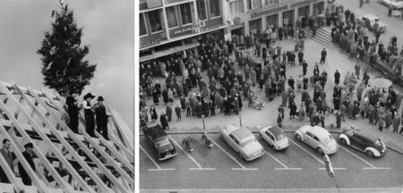 Zusammengestellt von Archiv und Dokumentation der Heilbronner Stimme 
 
1988 ist der Heilbronner Kiliansplatz nach dem Entwurf von Rasso Mutzbauer (Stadtplanungsamt) neu gestaltet. Ein Spaziergang durch die Jahrzehnte zeigt Wandlungsfähigkeit und Nutzung des zentralen innerstädtischen Platzes.
Kiliansplatz 1959. Passanten verfolgen von dort das Richtfest auf dem Chor der wiederaufgebauten Kilianskirche.
Foto: Eisenmenger.