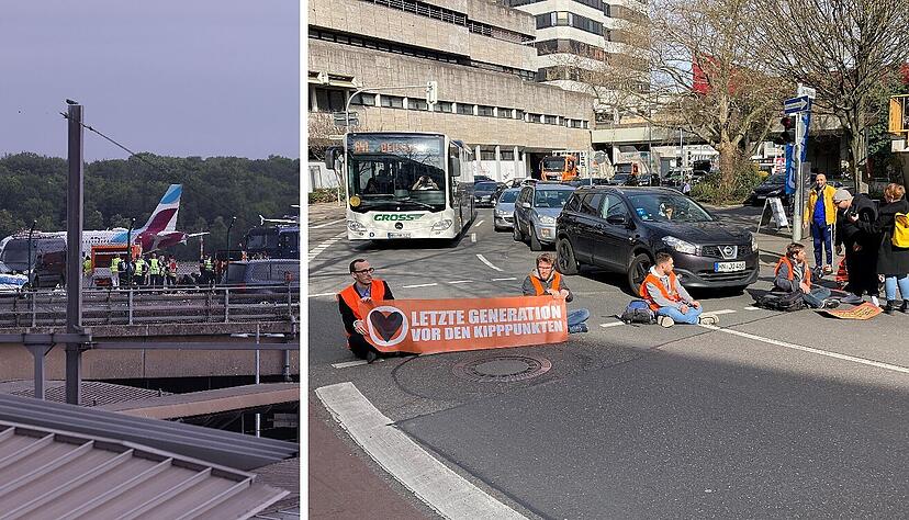 Blockade von Klimaaktivisten am D&uuml;sseldorfer Flughafen und in Heilbronn zwischen Amtsgericht und Wollhaus.