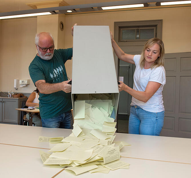 Die Wahlurne wird geleert, jetzt beginnt das Auszählen. Die Wahlurne wird geleert, jetzt beginnt das Auszählen.