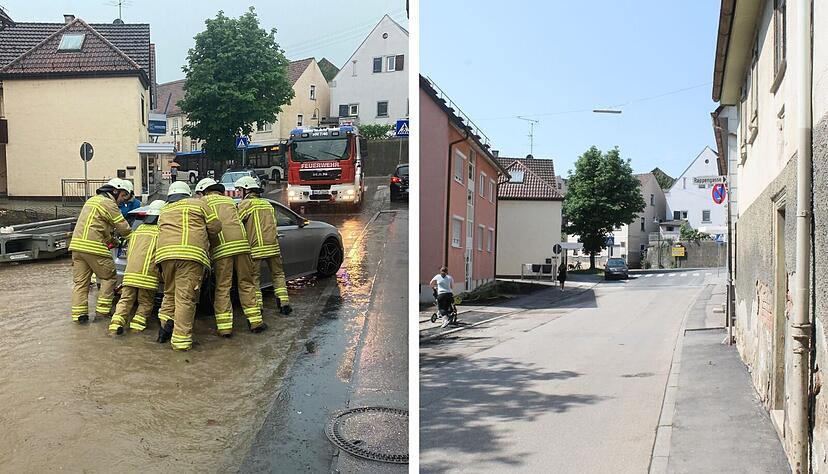 Ein Autofahrer hatte noch versucht, gegen das Wasser in der Finkenbergstraße anzukommen. Die Freiwillige Feuerwehr musste letztlich Hand anlegen. Am Donnerstag ist von den Folgen des Unwetters nicht mehr zu sehen.