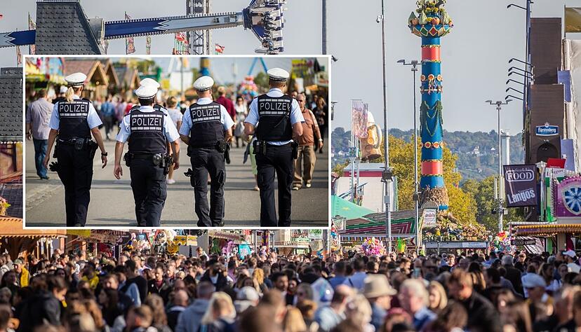 Die Stuttgarter Polizei hat auf Höhe der Fruchtsäule (großes Foto rechts) eine Wache eingerichtet. Die Ordnungshüter zeigen zudem auf dem gesamten Festplatz Präsenz (kleines Foto).