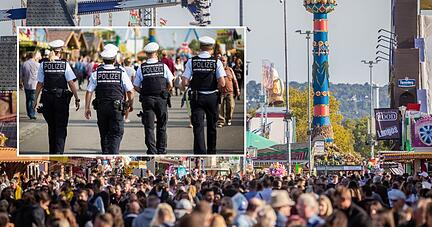 Die Stuttgarter Polizei hat auf Höhe der Fruchtsäule (großes Foto rechts) eine Wache eingerichtet. Die Ordnungshüter zeigen zudem auf dem gesamten Festplatz Präsenz (kleines Foto).