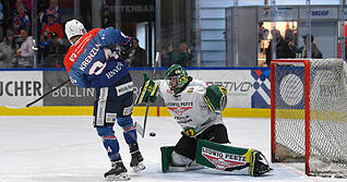 Das Toreschießen war ein mühsames Geschäft für Malte Krenzlin (links) und die Heilbronner Falken gegen Höchstadts starken Goalie Nico Zimmermann.