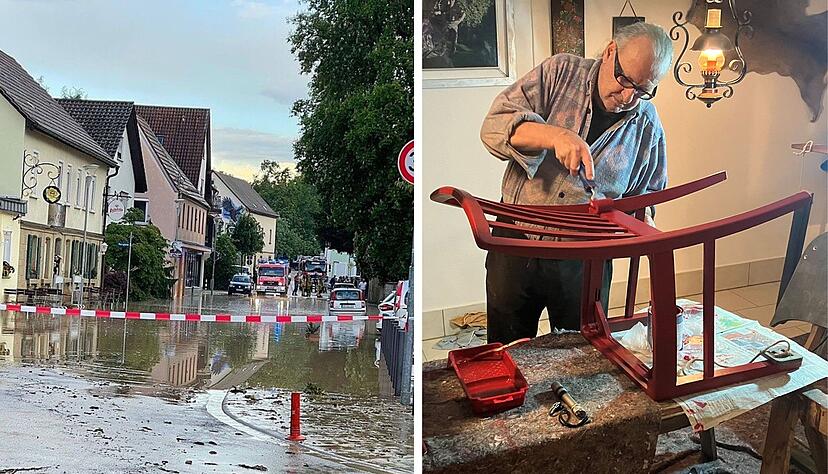 Im Mai 2024 hatte eine Starkregen-Zelle Überflutungen in Gemmingen verursacht (links). Ralf Stoll streicht Stühle neu, die damals von Wasser und Schlamm in Mitleidenschaft gezogen wurden.