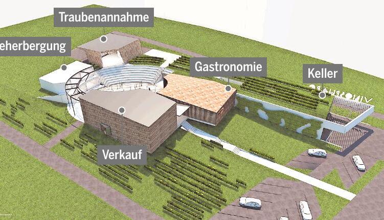 So sieht der Entwurf f&uuml;r das aus, was das Weingut Martin Schropp vorhat. Alles gruppiert sich um einen runden Platz mit Sitzstufen.
Entwurf: Spitzbart und Partners