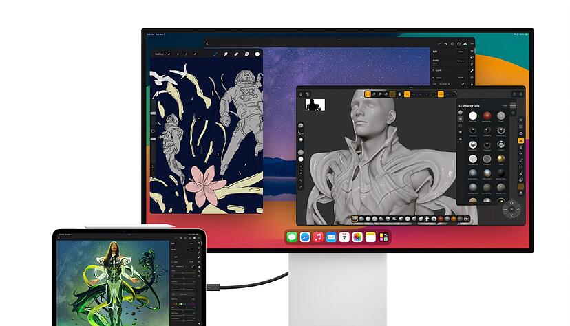Das neue iPad Pro an einem externen Bildschirm, dem Pro Display XDR. Mithilfe des Stage Managers kann man mehrere Bildschirmfenster &ouml;ffnen.