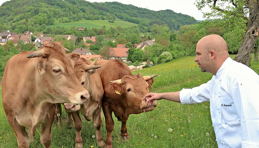 Markus Reinauer mit Limpurger Weiderindern: Einige landen pro Jahr in der K&uuml;che der Jagstm&uuml;hle, wo sie von der Zunge bis zum Schwanz verarbeitet werden.
Foto: Koch