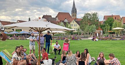 Vor der Altstadtkulisse: Der 1989er Jahrgang hat es sich im Weiherpark auf der Wiese gem&uuml;tlich gemacht.