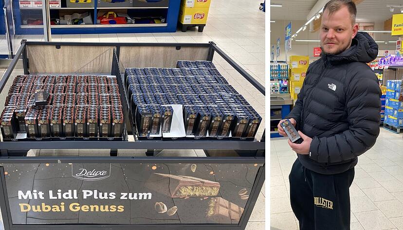 Nico Sauer mit einer Tafel Dubai-Schokolade von Lidl.