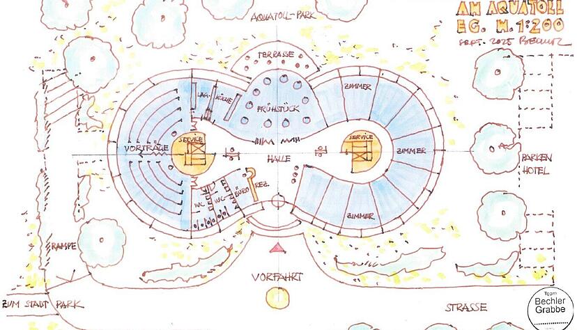 Das Erdgeschoss des neuen Hotels umfasst vor allem G&auml;stezimmer, Fr&uuml;hst&uuml;cksraum und Vortragsfl&auml;che.