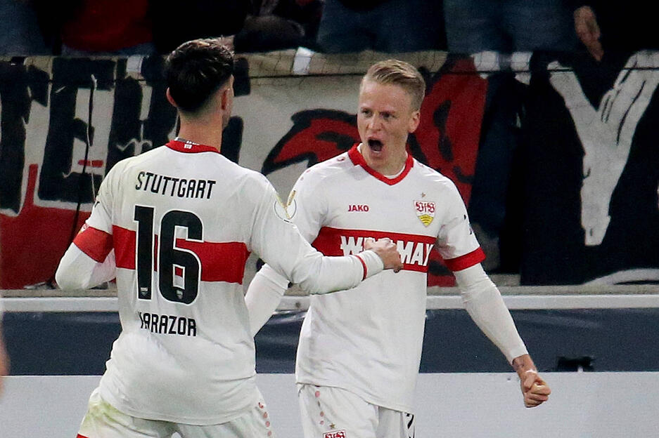 Die Erlösung für den VfB Stuttgart in einem Bild: Chris Führich jubelt über den Führungstreffer. Die Erlösung für den VfB Stuttgart in einem Bild: Chris Führich jubelt über den Führungstreffer.