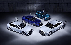 Die Plug-in-Hybrid-Modelle von Audi auf einen Blick: Q5, A6, A7 und A8. Foto: Audi Die Plug-in-Hybrid-Modelle von Audi auf einen Blick: Q5, A6, A7 und A8. Foto: Audi