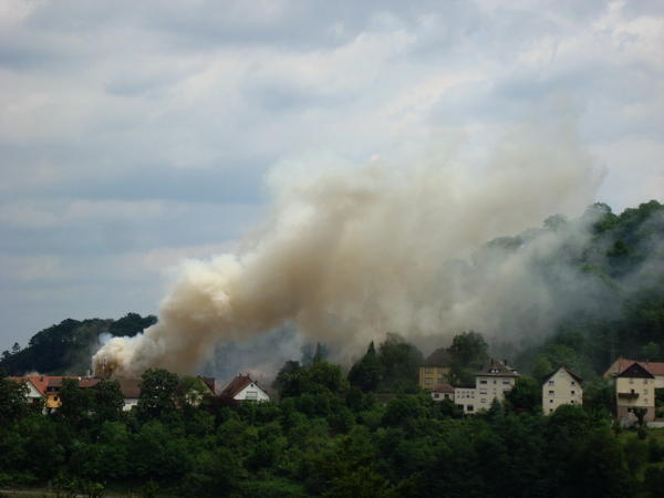Blick auf die Brandstelle in L&ouml;wenstein vom gegen&uuml;ber liegenden Sandberg aus.