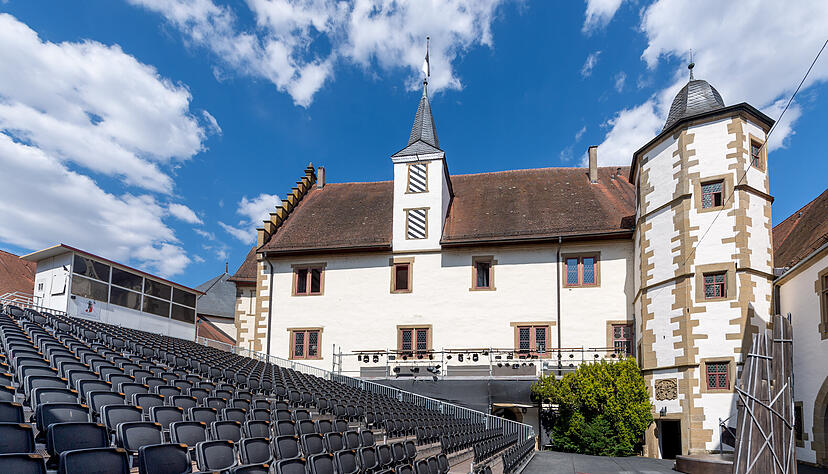 Hinter den Fenstern liegen gemütliche Zimmer. Zwischen dem Bühnengeschehen des Freilichttheaters und den Räumen des Schlosshotels liegen nur eine Wand und wenige Meter.