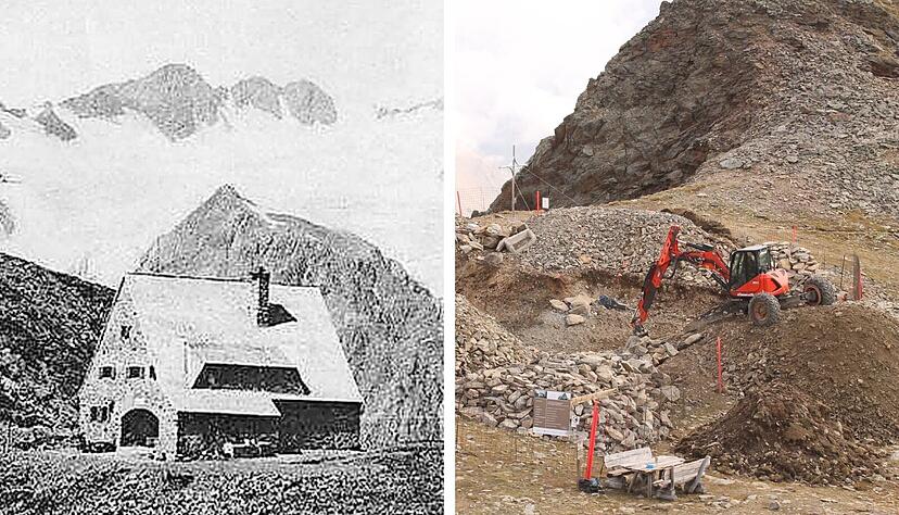 Die Alte Heilbronner Hütte (links) brannte 1932 ab. Oberhalb des Schnalstals haben die Bauarbeiten für den Wiederaufbau begonnen. Die Alte Heilbronner Hütte (links) brannte 1932 ab. Oberhalb des Schnalstals haben die Bauarbeiten für den Wiederaufbau begonnen.