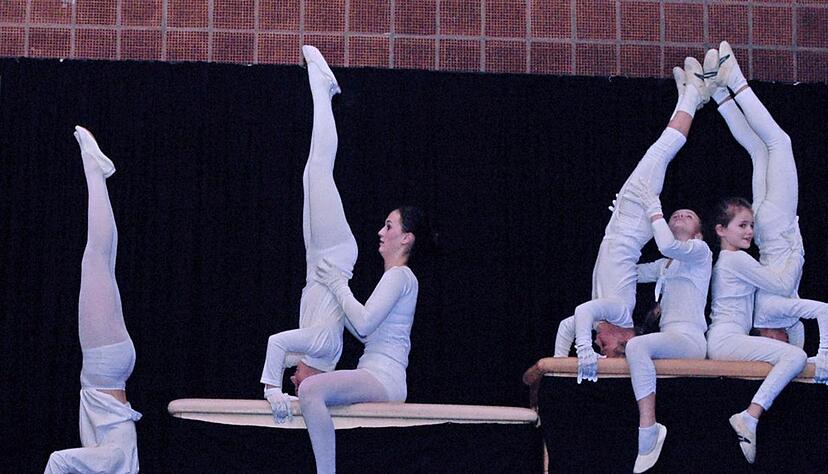 "Die fantastischen Zehn" beim Ger&auml;teturnen mit Schwarzlichteffekt bei der Winterfeier des TV Hausen. Den Zuschauern wurde ein Programm mit viel Abwechslung und Spa&szlig; geboten.Foto: Gerhard Dubinyi