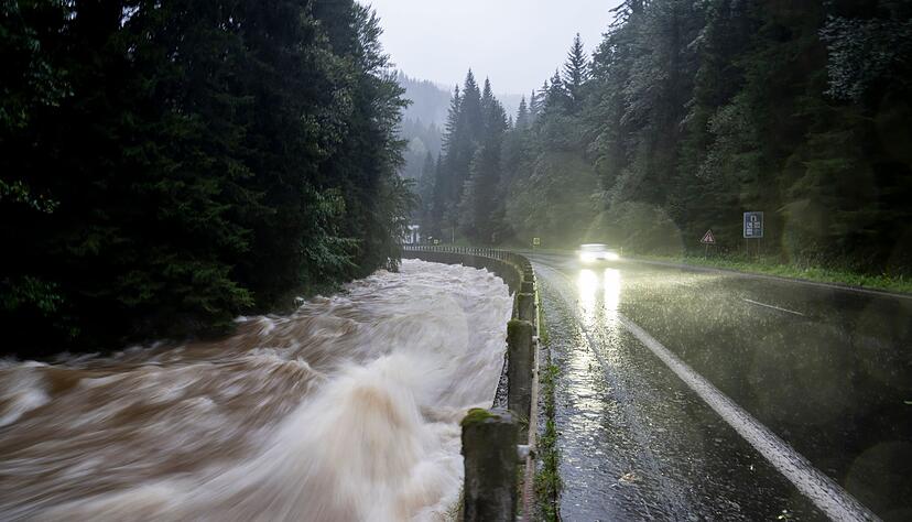 Die Elbe bei Vrchlabi im Riesengebirge ist nach dem Dauerregen zu einem rei&szlig;enden Fluss geworden.