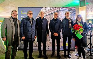 Richtfest mit Andreas Ringle (v.l.), Reinhold Geilsd&ouml;rfer, Harry Mergel, Oliver Hanisch, Achim S&ouml;ding und Silke Lohmiller.
Foto: Campus Founders