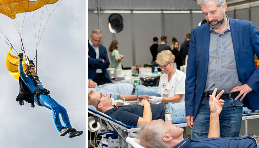 Eberhard Gienger (links) landet mit dem Fallschirm bei der Blutspendeaktion in Tripsdrill. Schirmherr Boris Palmer (rechts) appelliert, die Aktion zu unterstützen. Eberhard Gienger (links) landet mit dem Fallschirm bei der Blutspendeaktion in Tripsdrill. Schirmherr Boris Palmer (rechts) appelliert, die Aktion zu unterstützen.