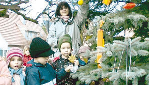 Eine tolle Idee der Gochsener Kindergartenkinder: Sie schm&uuml;ckten den Gochsener Weihnachtsbaum vor der Kirche liebevoll mit Gebasteltem.
          Fotos: Agentur Kochertal