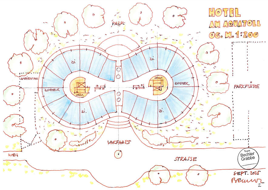 Der Entwurf zeigt das geplante Wellnesshotel am neuen Aquatoll in Neckarsulm.