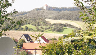 Vom Wochenendhausgebiet am Fohlenberg bietet sich ein schöner Ausblick über Beilstein-Söhlbach hinweg auf die Burg Wildeck bei Abstatt.