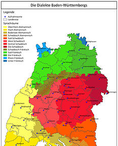 Die Karte (zum Vergrößern tippen/klicken) zeigt die Verteilung der Dialekte in Baden-Württemberg. Schwäbische Dialekte in rot, die Hohenloher Mundart in dunklerem und der südfränkische Dialekt in hellerem Grün. Südlich von Heilbronn beginnt der schwäbisch-fränkische Übergangsbereich (schraffiert) - ein Zeichen dafür, dass keine harte Sprachgrenze existiert. Quelle: Ludwig-Uhland-Institut der Universität Tübingen Die Karte (zum Vergrößern tippen/klicken) zeigt die Verteilung der Dialekte in Baden-Württemberg. Schwäbische Dialekte in rot, die Hohenloher Mundart in dunklerem und der südfränkische Dialekt in hellerem Grün. Südlich von Heilbronn beginnt der schwäbisch-fränkische Übergangsbereich (schraffiert) - ein Zeichen dafür, dass keine harte Sprachgrenze existiert. Quelle: Ludwig-Uhland-Institut der Universität Tübingen