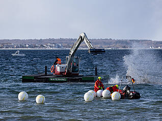 Ein Schwimmbagger arbeitet in der N&auml;he eines gestrandeten Buckelwals.