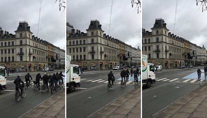 Typische Kreuzung in Kopenhagen: Radfahrer sind auf einer abgetrennten Spur unterwegs und warten im Sichtfeld vor dem Lkw (l.). Weil sie etwas früher Grün bekommen (Mitte), sind sie weg, bevor er abbiegt (r.). Blau dient als Warnfarbe an Gefahrenstellen. Fotos: Christoph Donauer