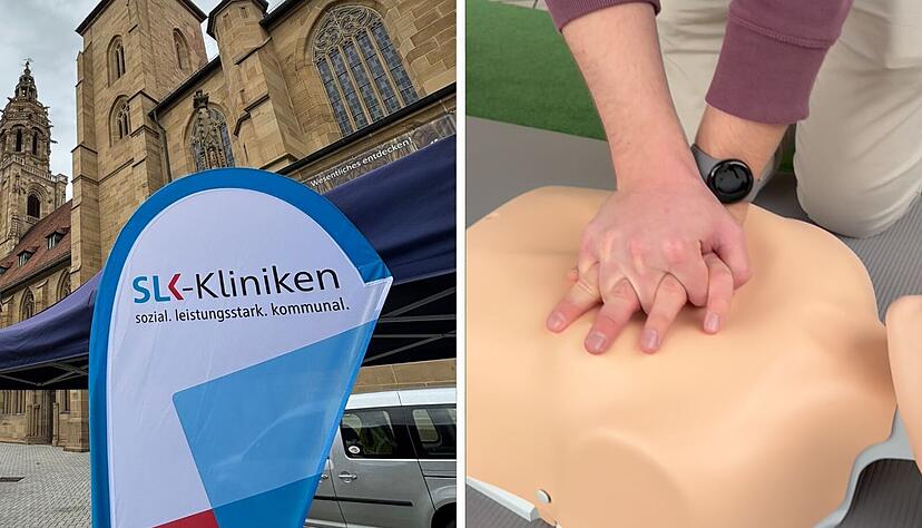 Passanten können auf dem Kiliansplatz die Herzdruckmassage an Puppen üben. Passanten können auf dem Kiliansplatz die Herzdruckmassage an Puppen üben.