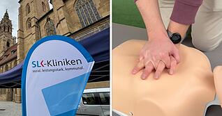 Passanten können auf dem Kiliansplatz die Herzdruckmassage an Puppen üben.
