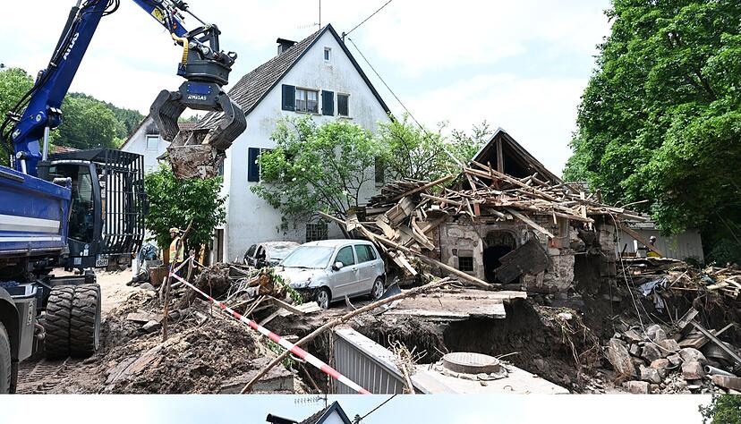 Blick auf einen von einem Hochwasser betroffenen Platz neben eine Brücke oben und unten, rund 100 Tage nach der Hochwasser-Katastrophe im Rems-Murr-Kreis