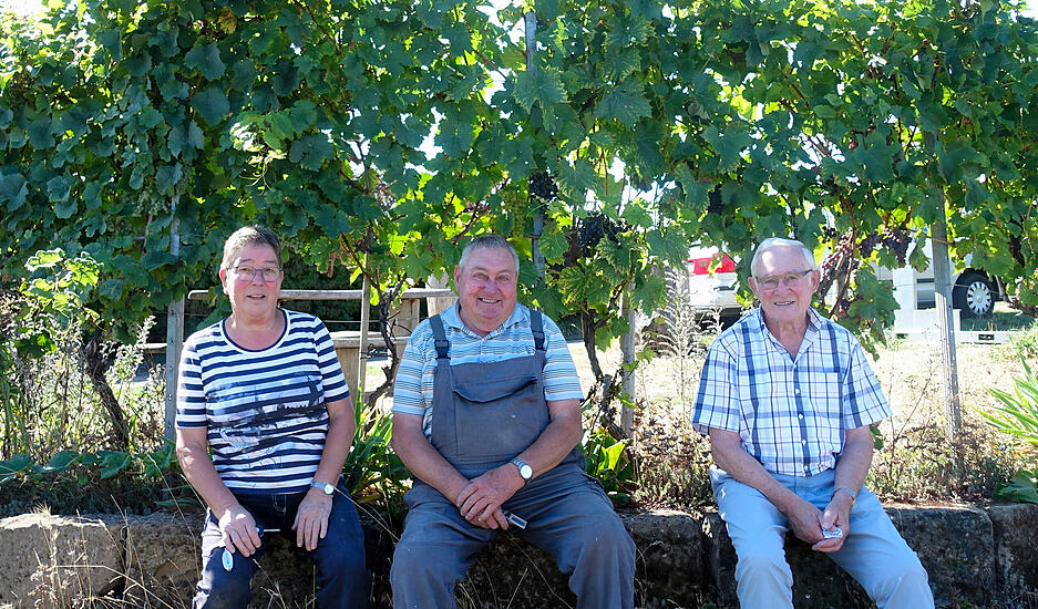 Nach getaner Arbeit: Gudrun und Hermann Beyl sitzen gemeinsam mit Rolf Streicher auf dem M&auml;uerchen.