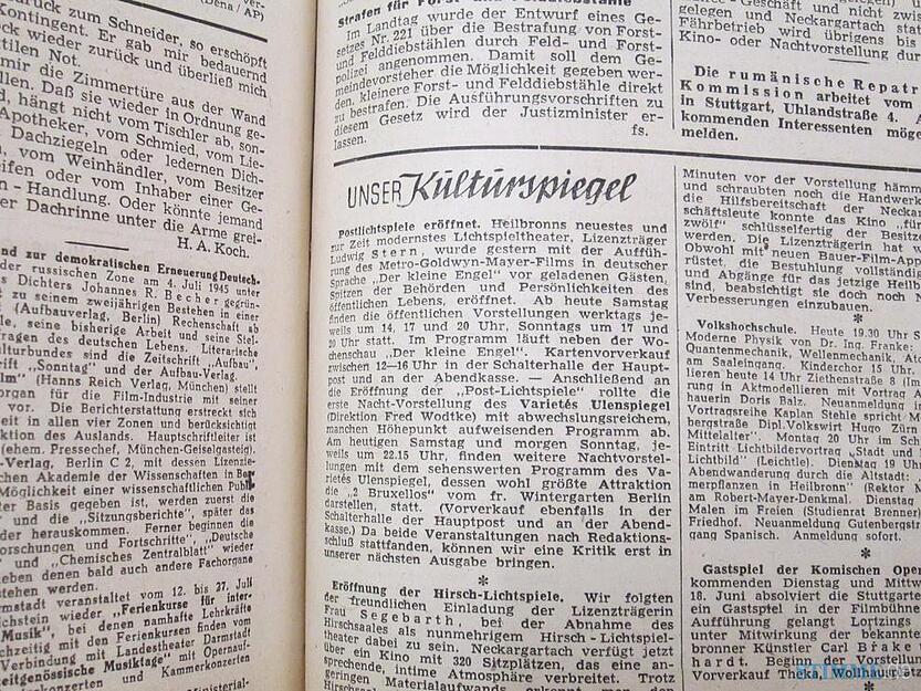 In ihrem Kulturspiegel berichtet die Heilbronner Stimme am 9. Juli 1947 über die Eröffnung der Post-Lichtspiele in Heilbronn. Während des Eröffnungswochenendes tritt in der Nachtvorstellung das Varieté Ulenspiegel auf.