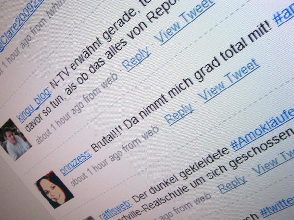 Sofort ist der Amoklauf von Winnenden und Wendlingen Thema des Internetforums Twitter.