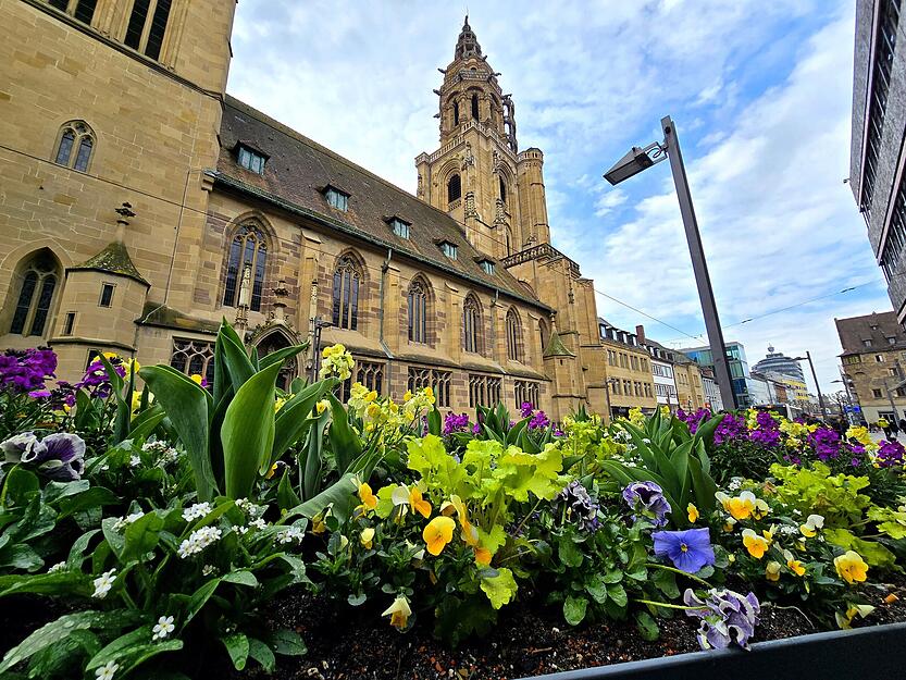 In der Heilbronner Innenstadt, wie hier vor der Kilianskirche, sind diverse Blumenbeete verteilt.