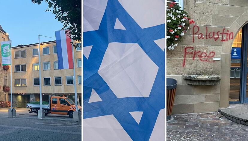 Seit Beginn des Kriegs zwischen Israel und der islamistischen Hamas ist es in auch in Heilbronn (links) zu einem antisemitische Vorfall gekommen. Eine Israel-Flagge wurde geschändet. In Möckmühl (rechts) wurden Wände mit pro-palästinensischen Parolen besprüht. Seit Beginn des Kriegs zwischen Israel und der islamistischen Hamas ist es in auch in Heilbronn (links) zu einem antisemitische Vorfall gekommen. Eine Israel-Flagge wurde geschändet. In Möckmühl (rechts) wurden Wände mit pro-palästinensischen Parolen besprüht.