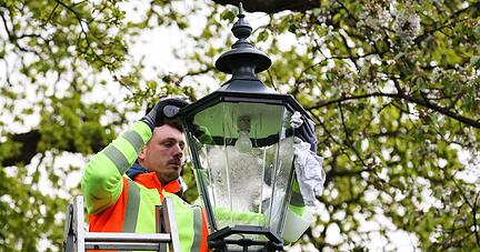 Ein Mitarbeiter reinigt im Auftrag der Stadtwerke Hamburg eine Laterne am Schulberg.