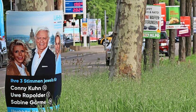 Dank abfallenden Aufklebern muss die Stadt Heilbronn die Wahlplakate nachzählen.