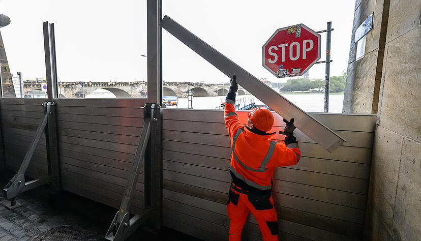 Ein Mitarbeiter baut in Dresden Spundwände zum Schutz gegen das Hochwasser der Elbe auf. Ein Mitarbeiter baut in Dresden Spundwände zum Schutz gegen das Hochwasser der Elbe auf.