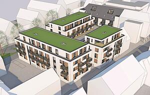 Begrünung ist für die Flachdächer vorgesehen. An den Fassaden müssen Nisthilfen für Fledermäuse und Höhlenbrüter angebracht werden. Visualisierung: Riemer Begrünung ist für die Flachdächer vorgesehen. An den Fassaden müssen Nisthilfen für Fledermäuse und Höhlenbrüter angebracht werden. Visualisierung: Riemer