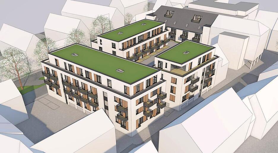 Begr&uuml;nung ist f&uuml;r die Flachd&auml;cher vorgesehen. An den Fassaden m&uuml;ssen Nisthilfen f&uuml;r Flederm&auml;use und H&ouml;hlenbr&uuml;ter angebracht werden. Visualisierung: Riemer