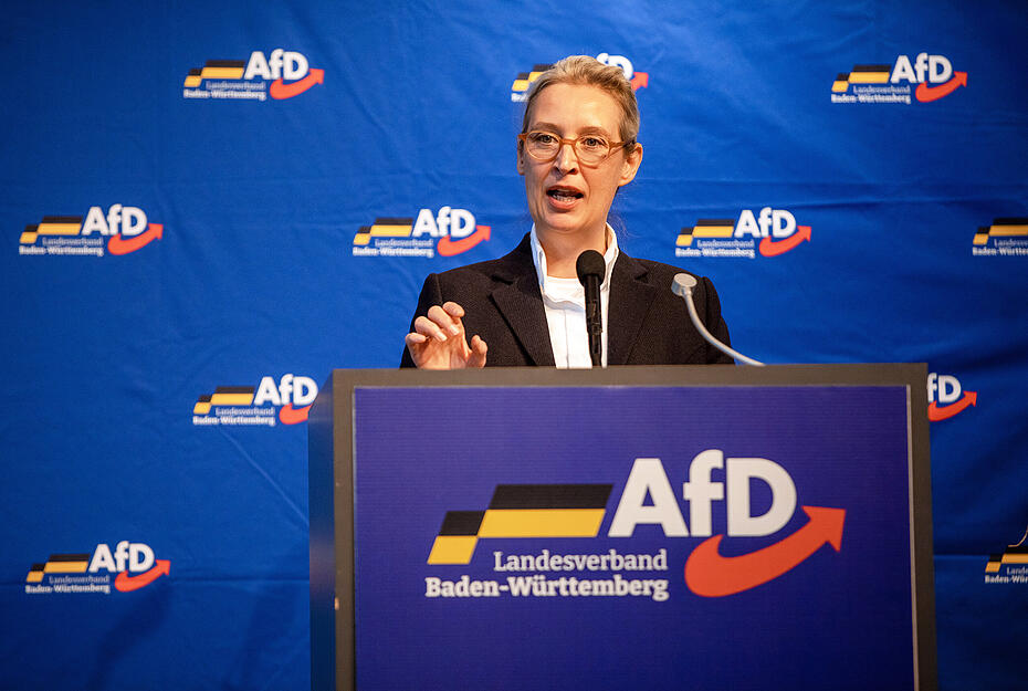 Alice Weidel, Bundessprecherin der AfD, spricht während des AfD-Landesparteitags in der Stadthalle zu Parteimitgliedern.