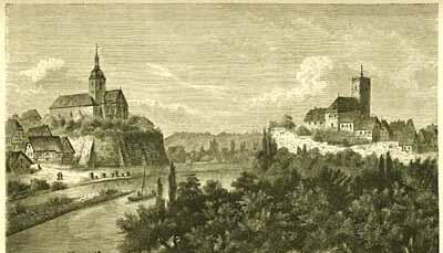 Holzstich nach Adolf Stieler: Regiswindis-Kirche in Lauffen mit gegenüberliegender Burg auf der Neckarinsel, 1870 Holzstich nach Adolf Stieler: Regiswindis-Kirche in Lauffen mit gegenüberliegender Burg auf der Neckarinsel, 1870