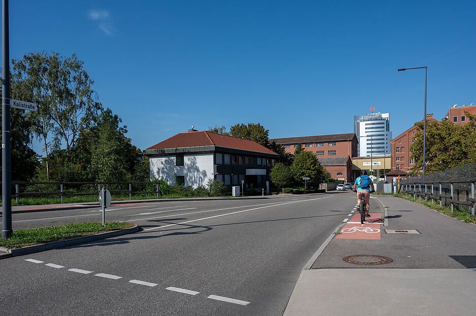 Nach wenigen Metern endet der Schultzstreifen in der Kalistraße beim Buga-Gelände.